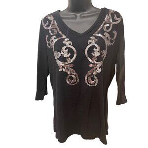 SEVEN 7 womens v neck 3/4 sleeved top black / silver sequins 1X